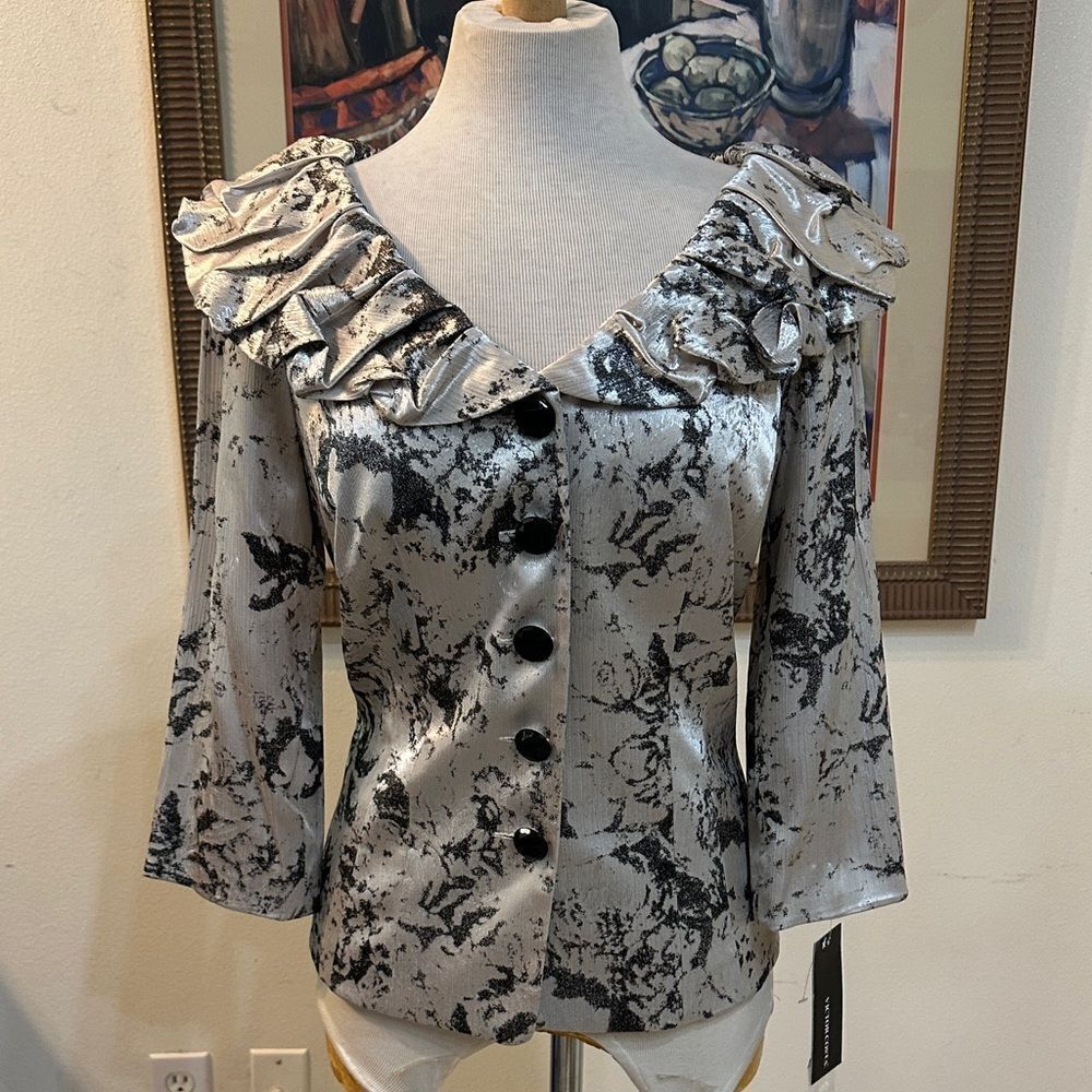 VICTOR COSTA Silver/Ivory/Black Cocktail Jacket Size 6 (NWT)
